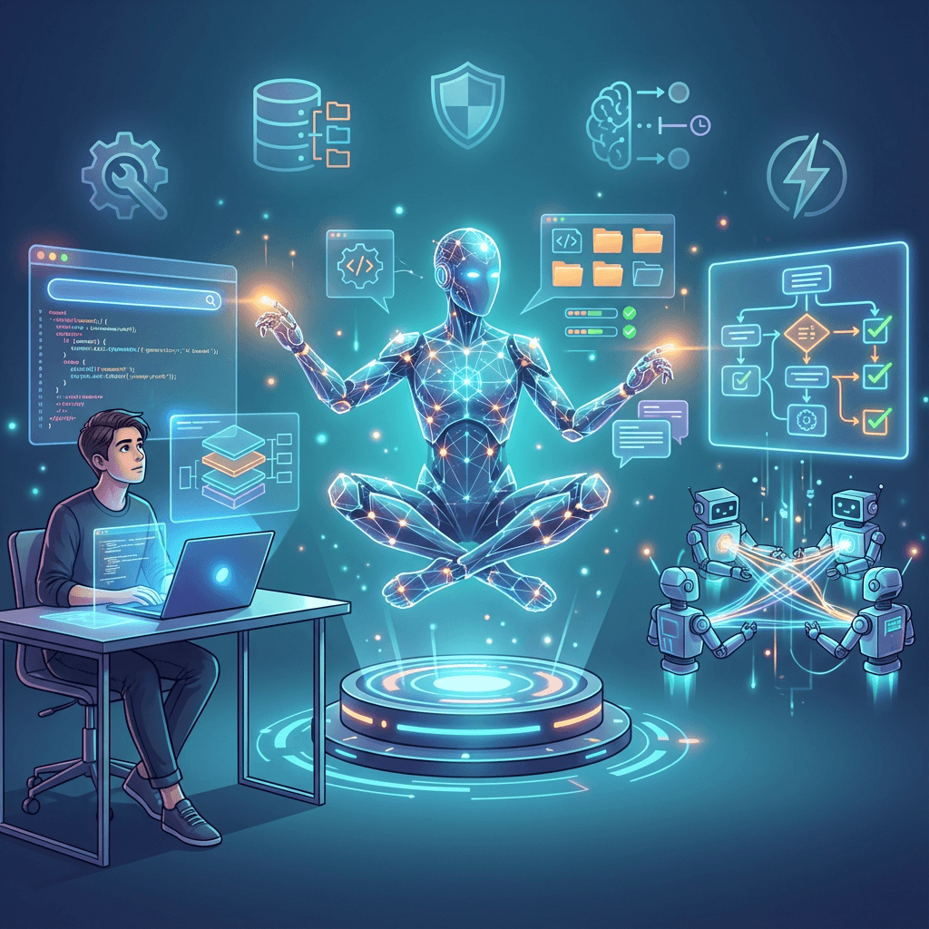 Diagrama de agentes de IA ejecutando tareas de forma autónoma en el trabajo